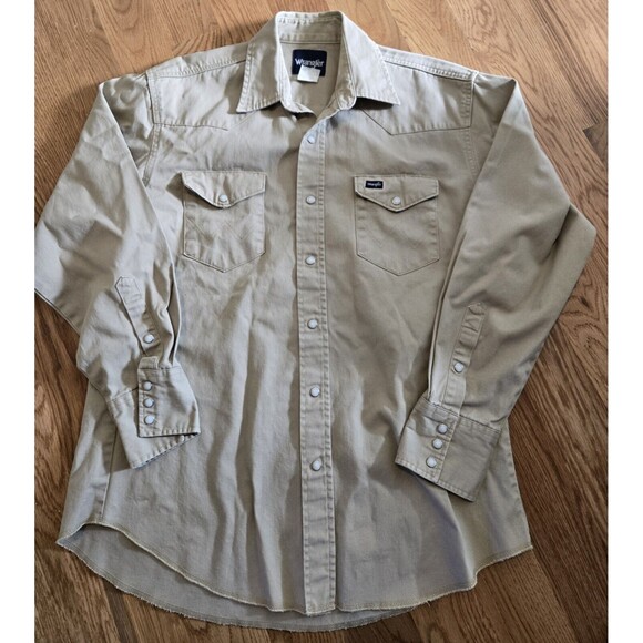 Wrangler Shirt Mens Large Tan Brushpopper Pearl Snap VTG Western Work Cowboy - Picture 1 of 7